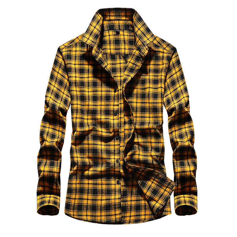 Men's Plaid Flannel Shirt with Kent Collar and Button Placket