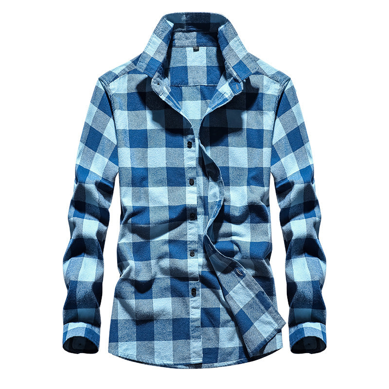 Men's Plaid Flannel Shirt with Kent Collar and Button Placket