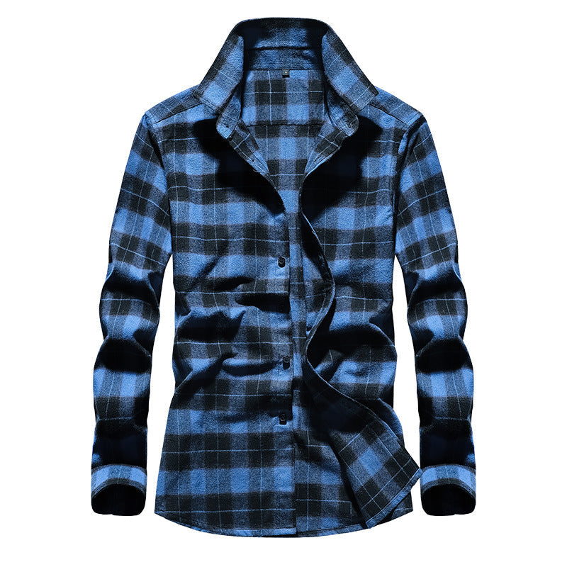 Men's Plaid Flannel Shirt with Kent Collar and Button Placket