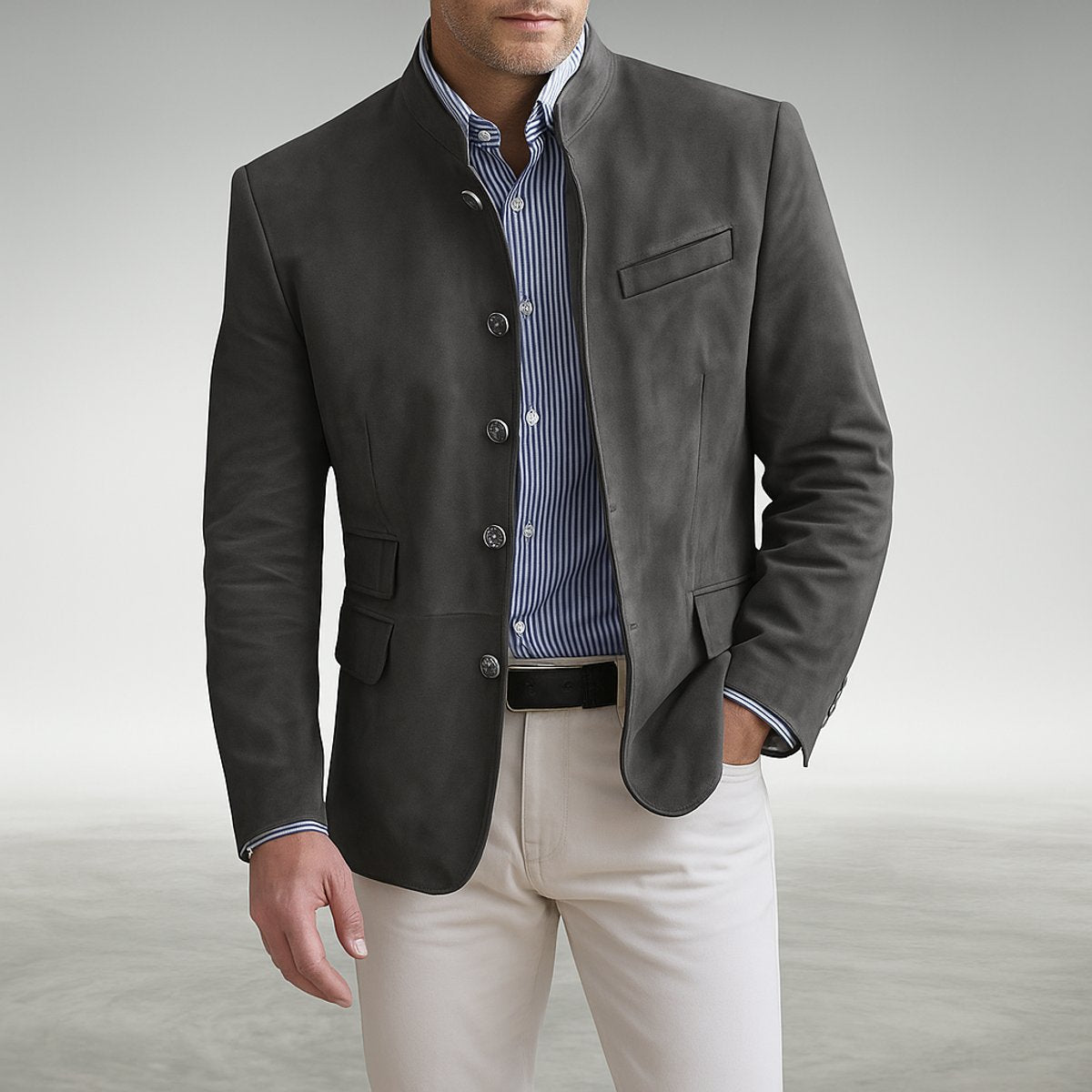 Men's Mandarin Collar Blazer Jacket - Structured Button-Front
