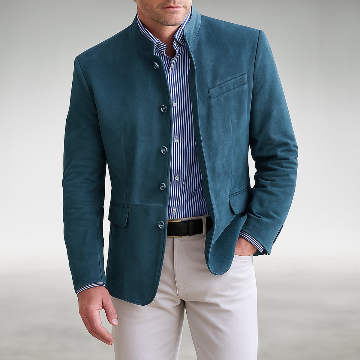 Men's Mandarin Collar Blazer Jacket - Structured Button-Front
