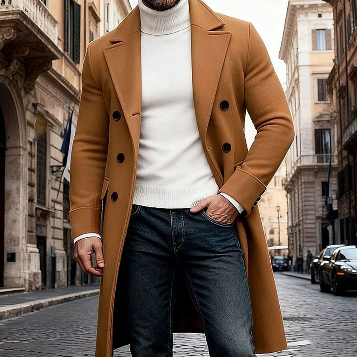 Men's Wool Overcoat Double-Breasted Tailored Fit Long Coat