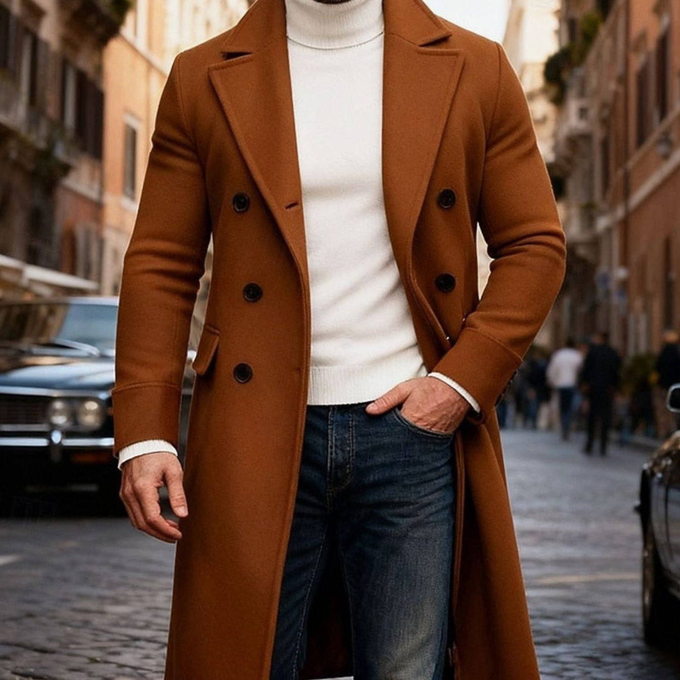 Men's Wool Overcoat Double-Breasted Tailored Fit Long Coat