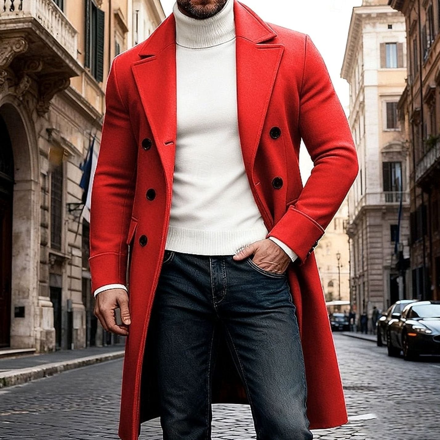 Men's Wool Overcoat Double-Breasted Tailored Fit Long Coat