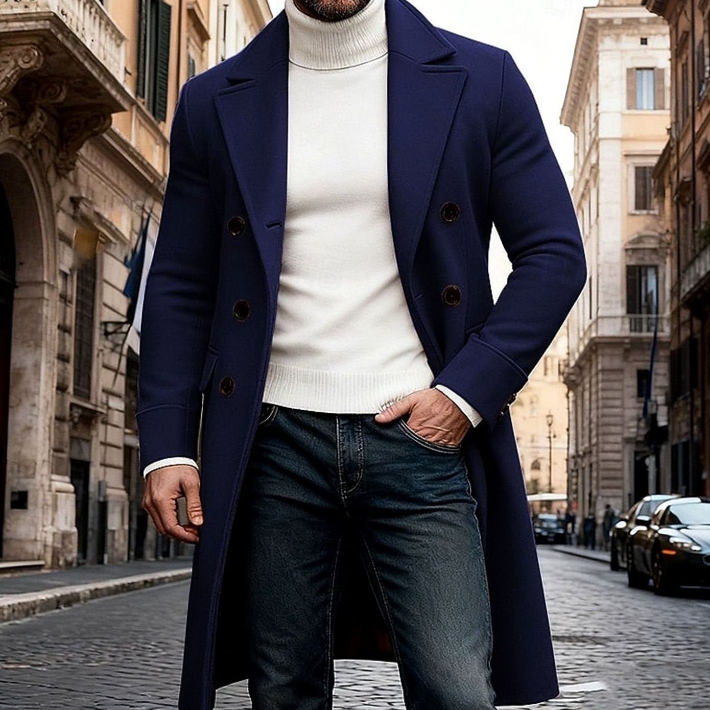 Men's Wool Overcoat Double-Breasted Tailored Fit Long Coat