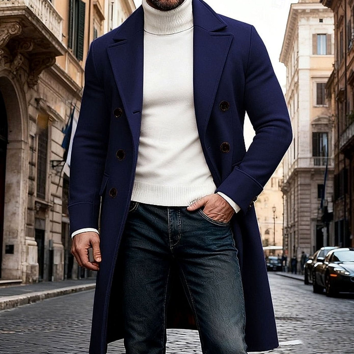 Men's Wool Overcoat Double-Breasted Tailored Fit Long Coat