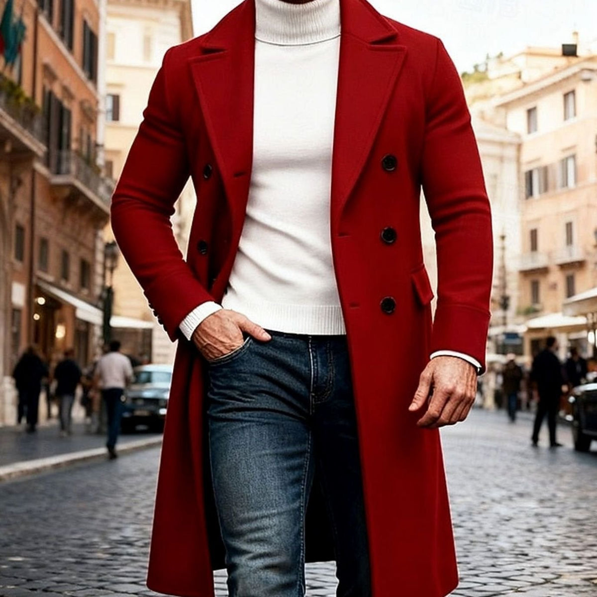 Men's Wool Overcoat Double-Breasted Tailored Fit Long Coat