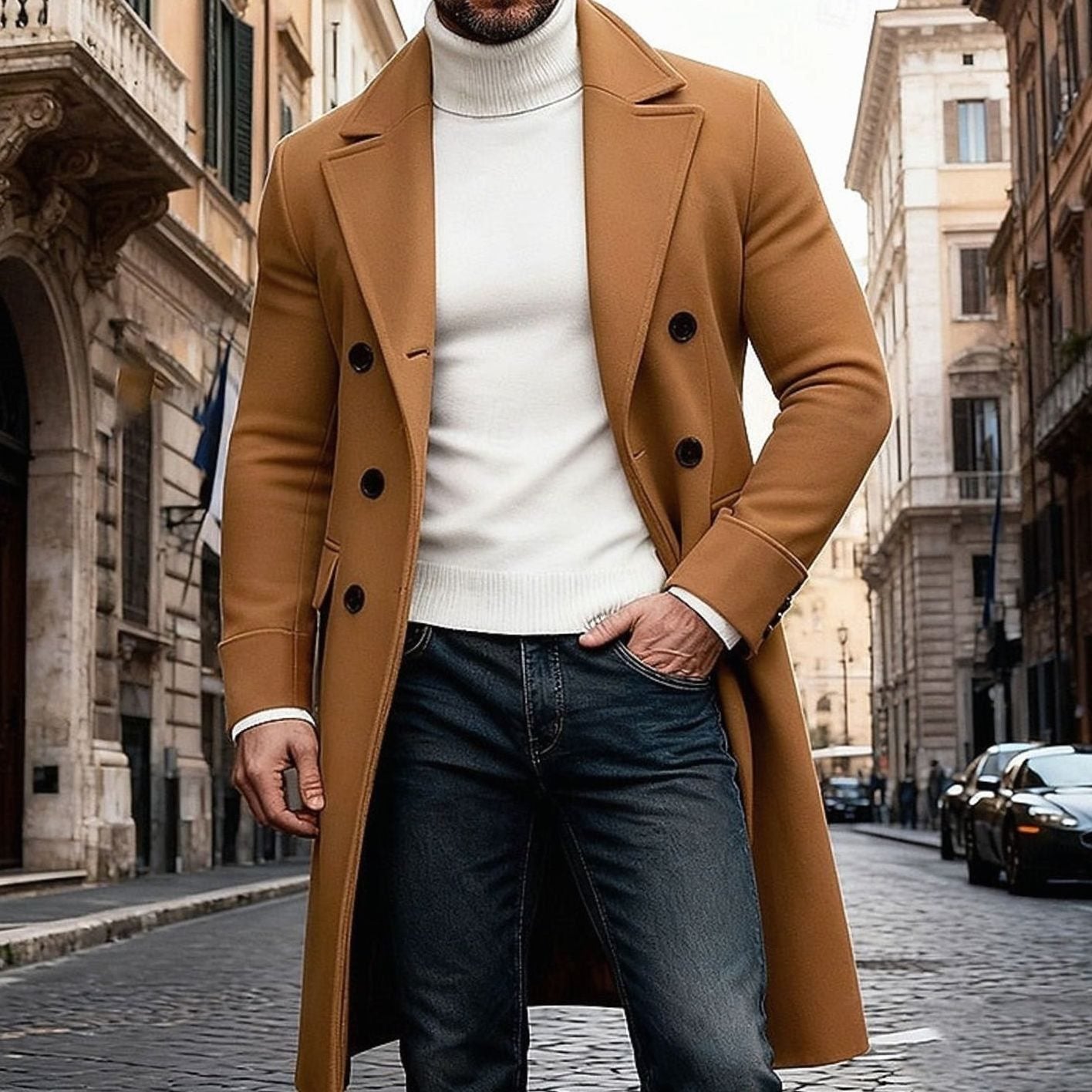 Men's Wool Overcoat Double-Breasted Tailored Fit Long Coat