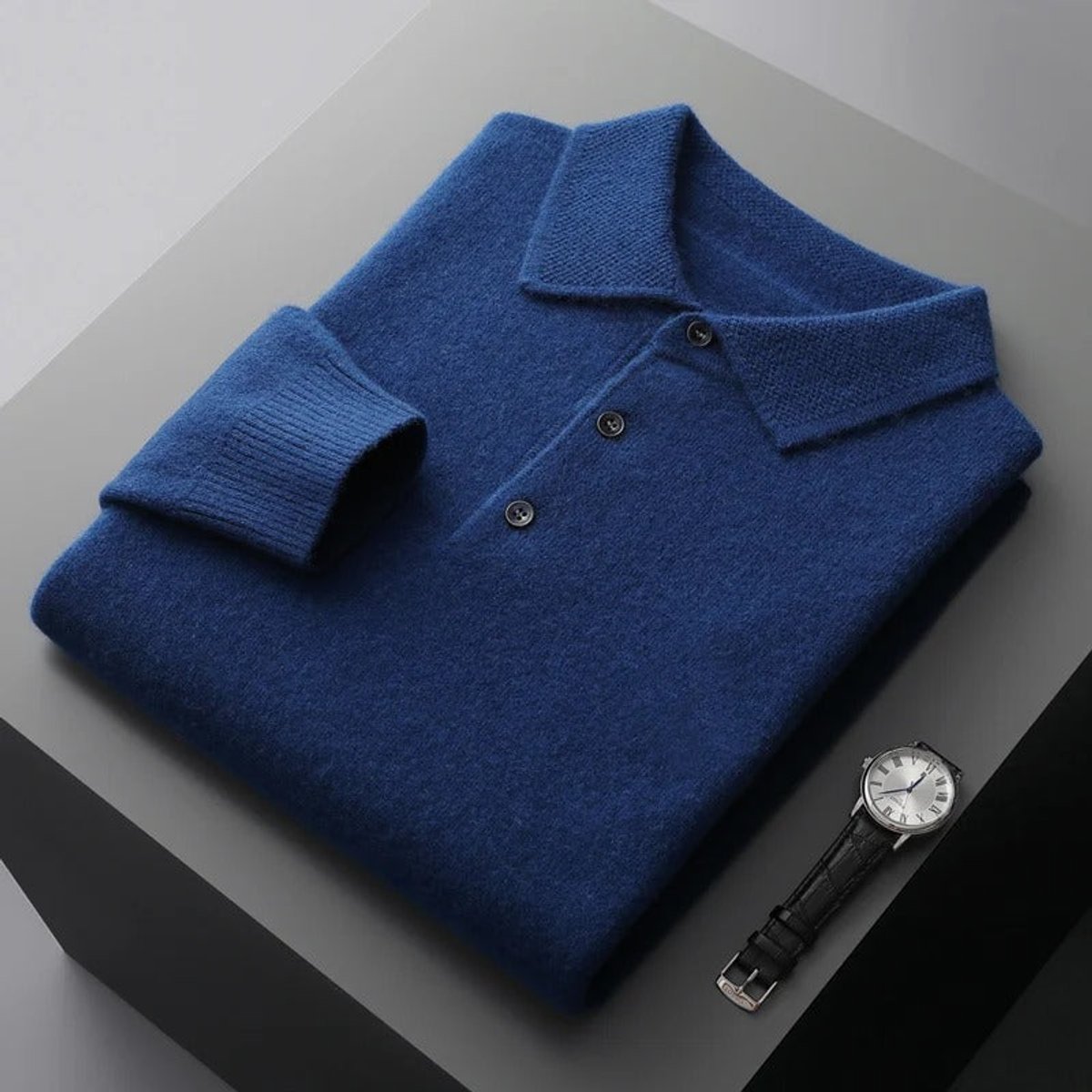 Men's Cashmere Polo Sweater with Button Collar and Long Sleeves