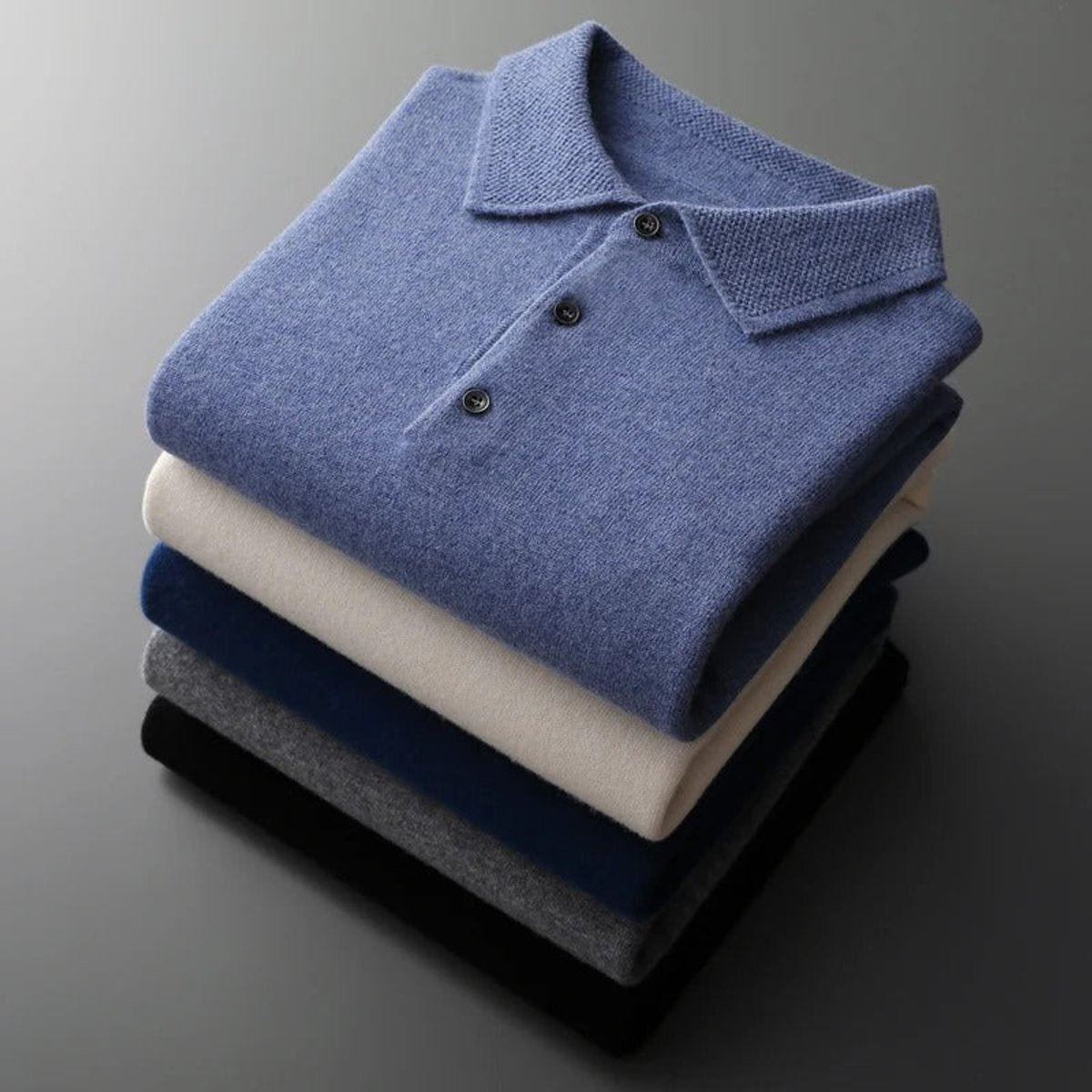 Men's Cashmere Polo Sweater with Button Collar and Long Sleeves