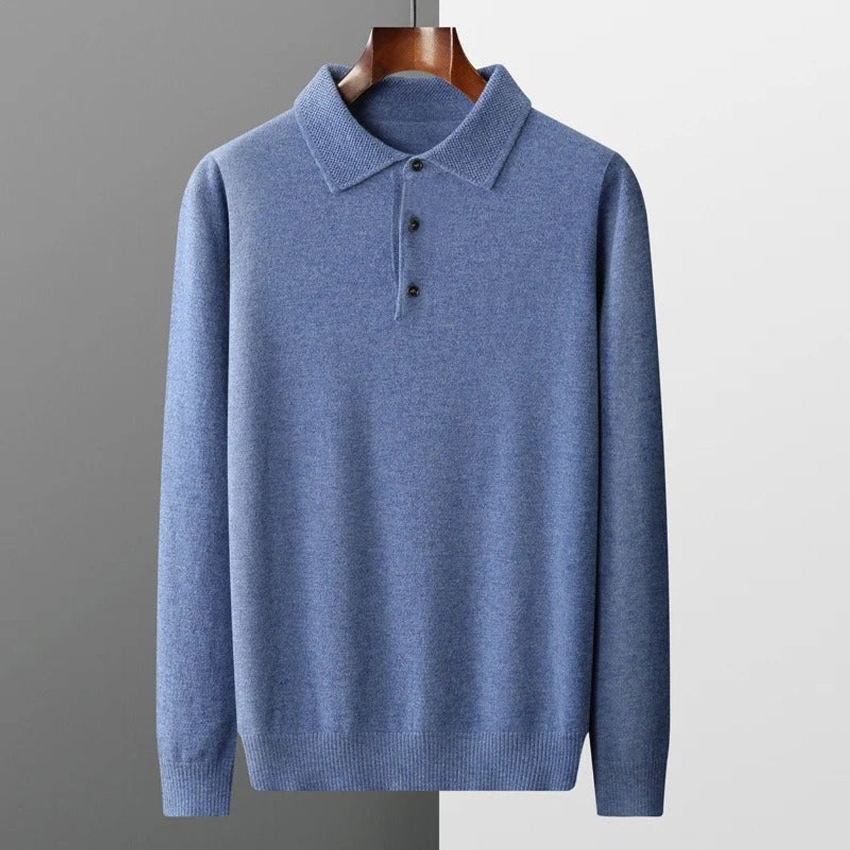 Men's Cashmere Polo Sweater with Button Collar and Long Sleeves