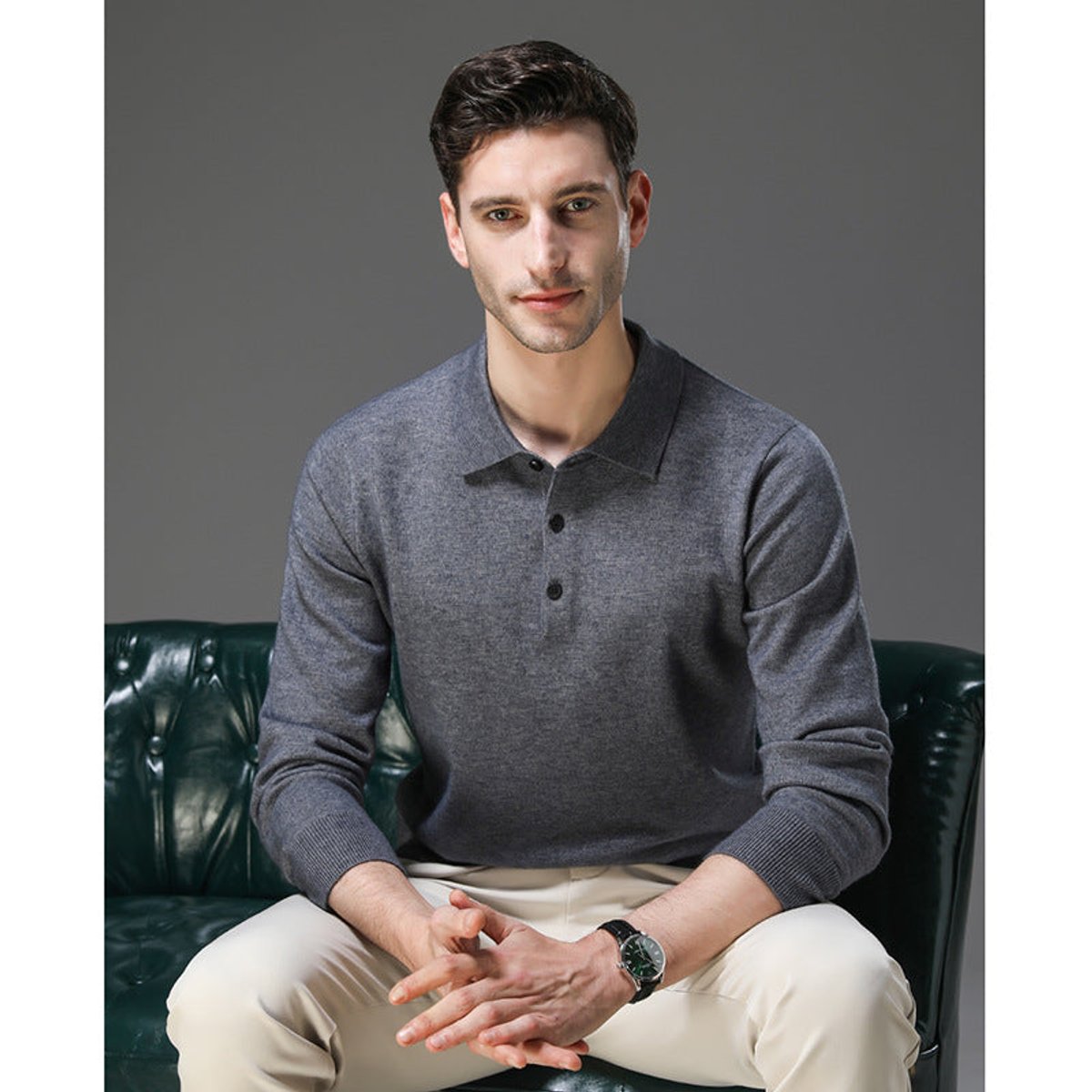 Men's Cashmere Polo Sweater with Button Collar and Long Sleeves