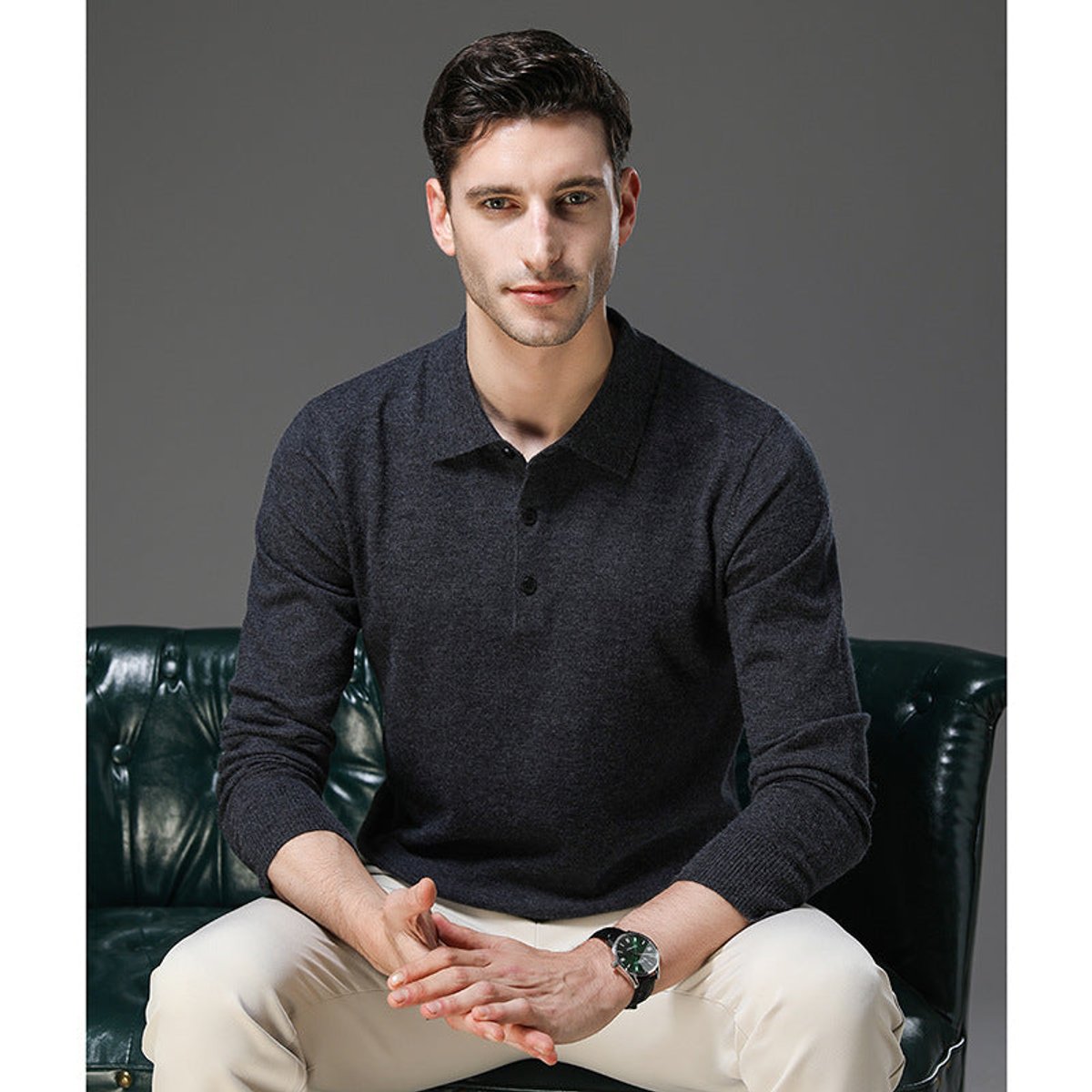 Men's Cashmere Polo Sweater with Button Collar and Long Sleeves