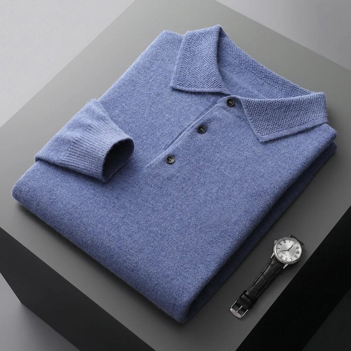 Men's Cashmere Polo Sweater with Button Collar and Long Sleeves