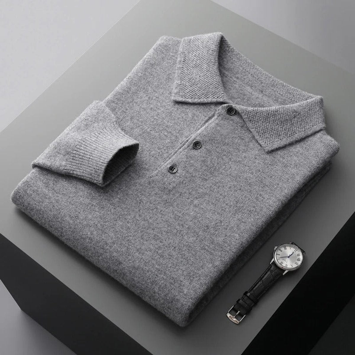 Men's Cashmere Polo Sweater with Button Collar and Long Sleeves
