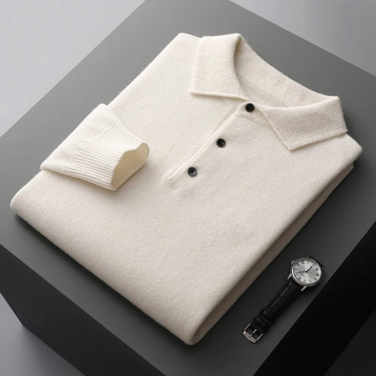 Men's Cashmere Polo Sweater with Button Collar and Long Sleeves