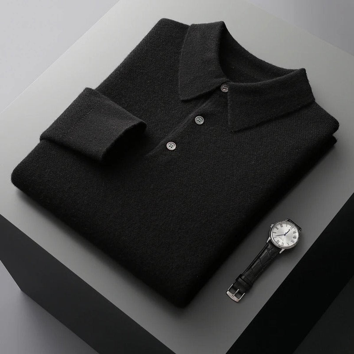 Men's Cashmere Polo Sweater with Button Collar and Long Sleeves