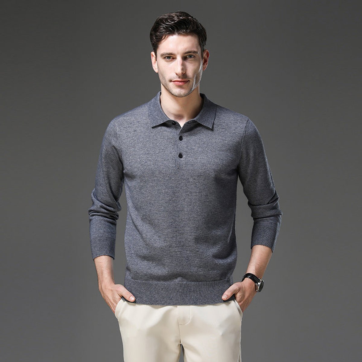 Men's Cashmere Polo Sweater with Button Collar and Long Sleeves