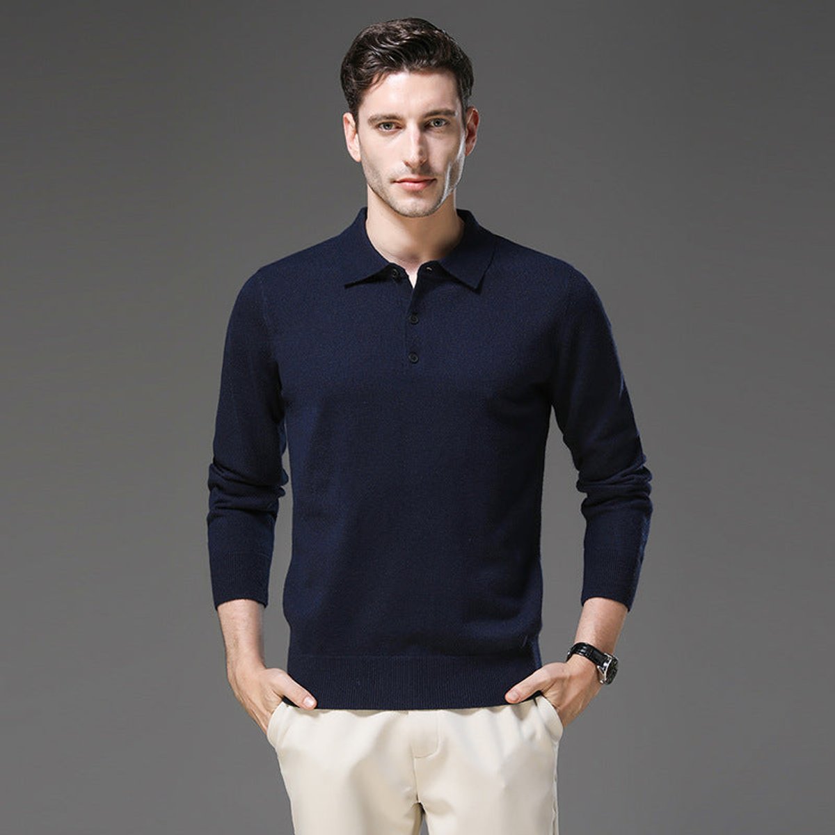 Men's Cashmere Polo Sweater with Button Collar and Long Sleeves