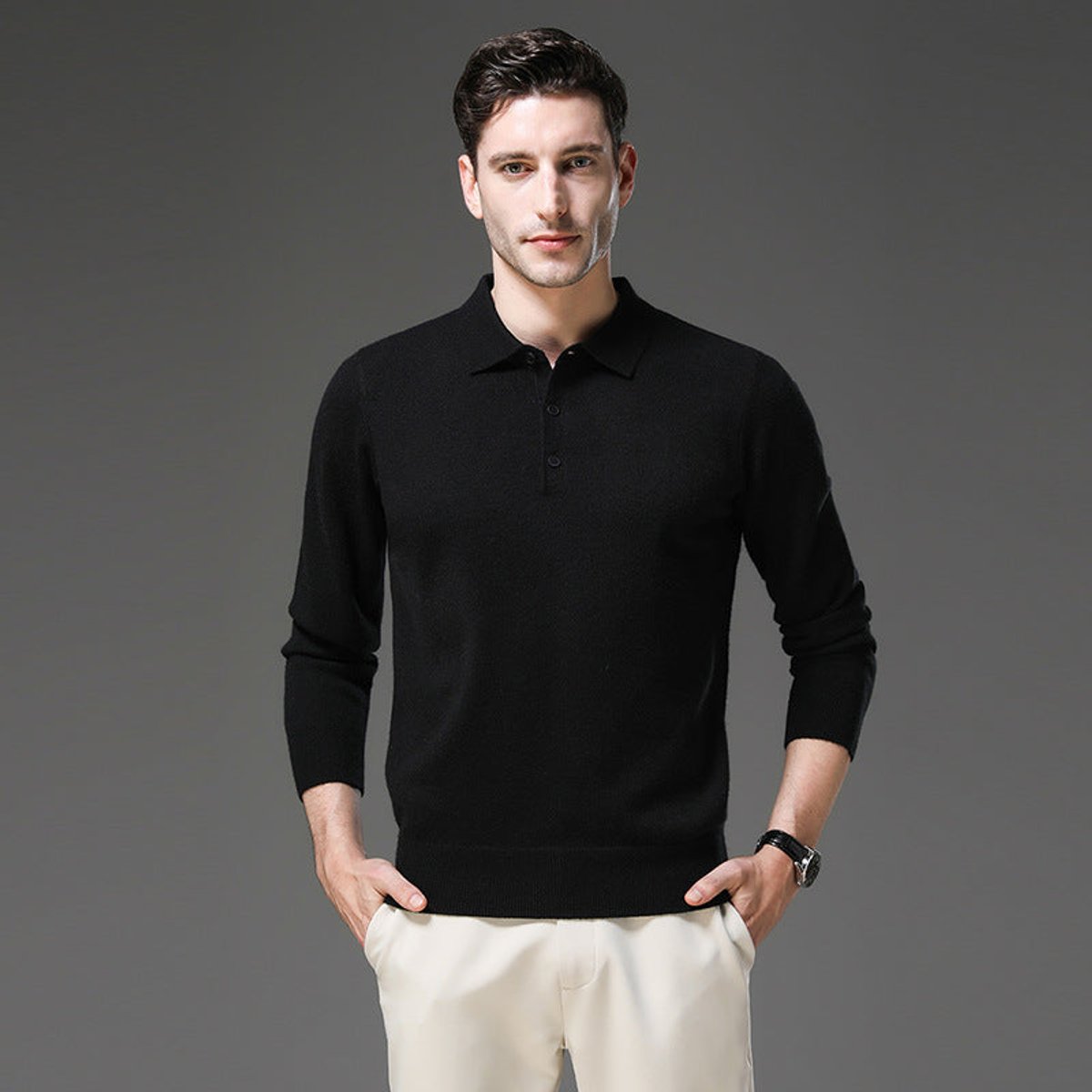 Men's Cashmere Polo Sweater with Button Collar and Long Sleeves