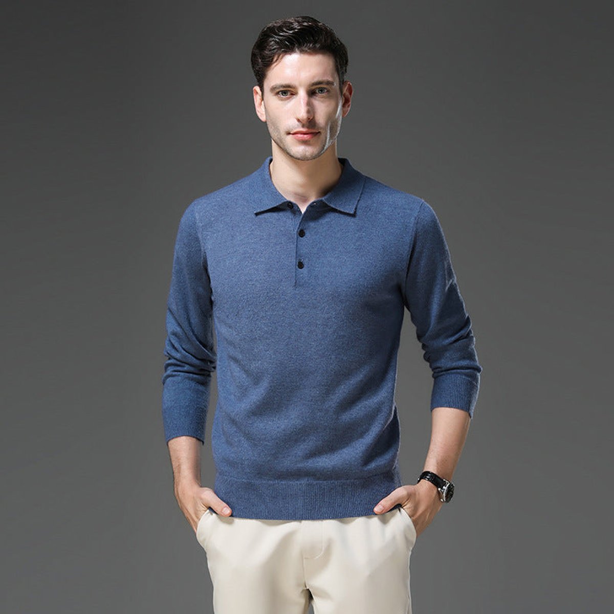 Men's Cashmere Polo Sweater with Button Collar and Long Sleeves