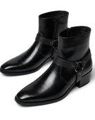 Men's Leather Harness-Strap Pointed-Toe Ankle Boots - Black