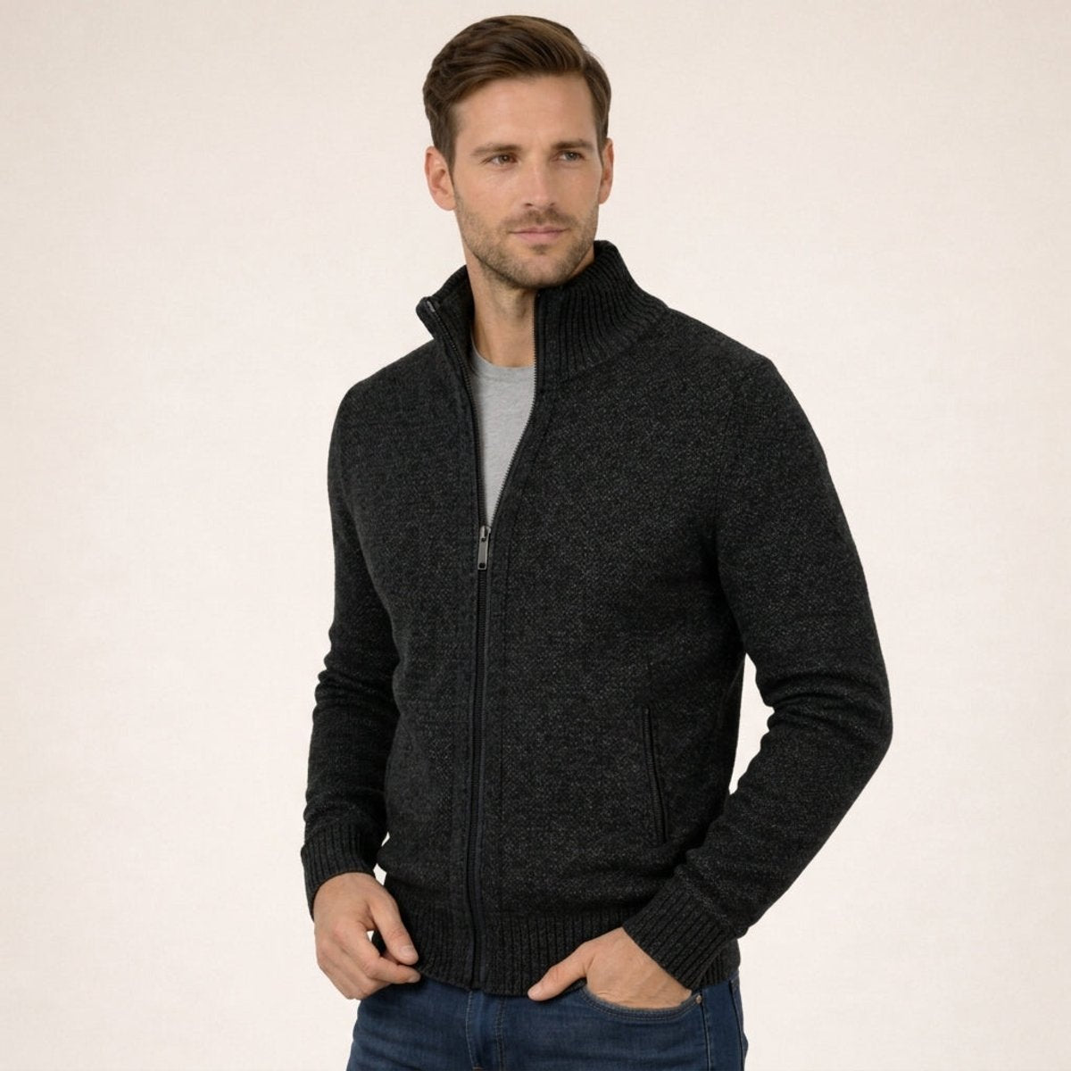 Men's Merino Wool Full-Zip Jumper – Mock Neck Knitwear