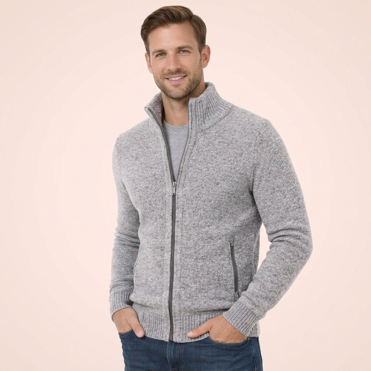 Men's Merino Wool Full-Zip Jumper – Mock Neck Knitwear