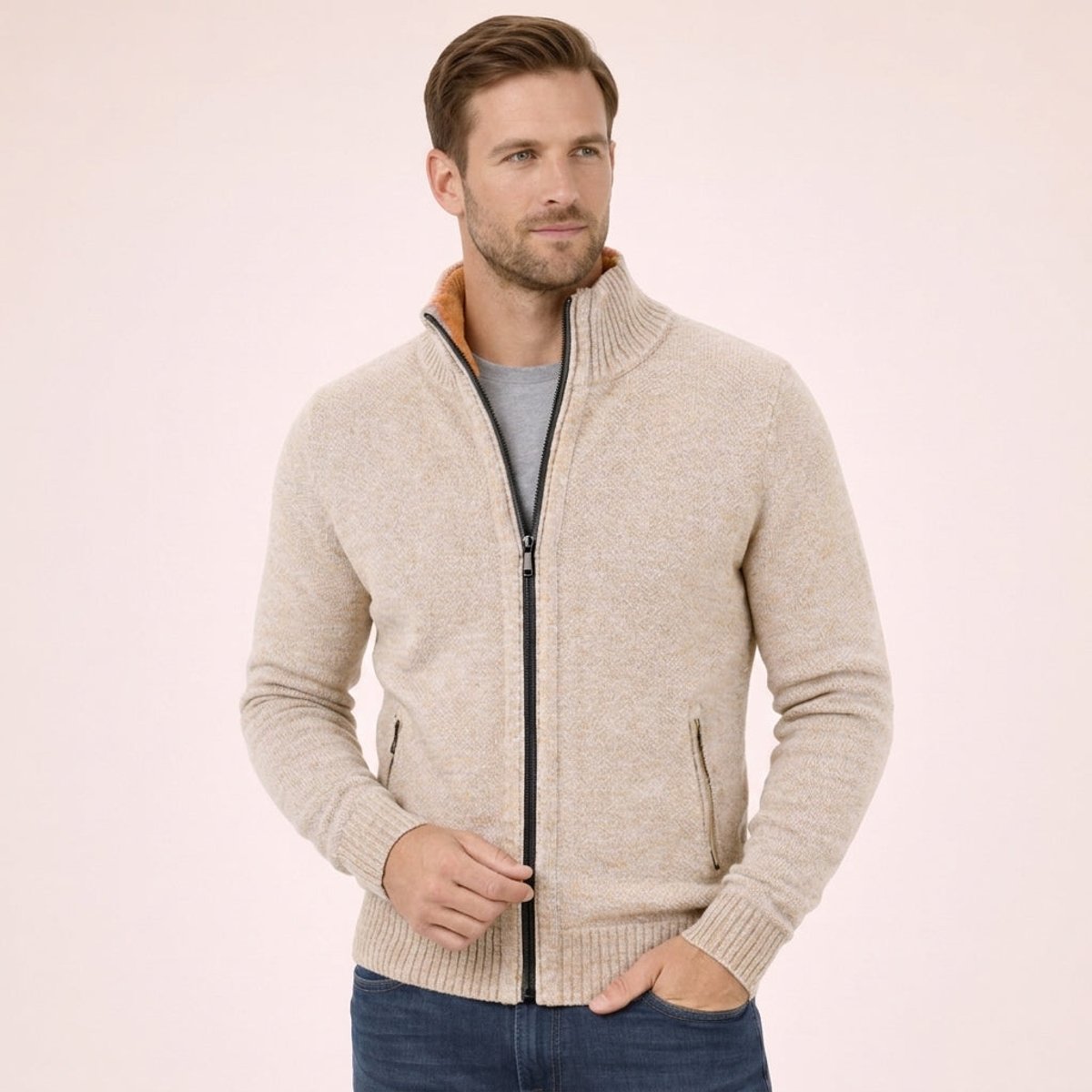 Men's Merino Wool Full-Zip Jumper – Mock Neck Knitwear