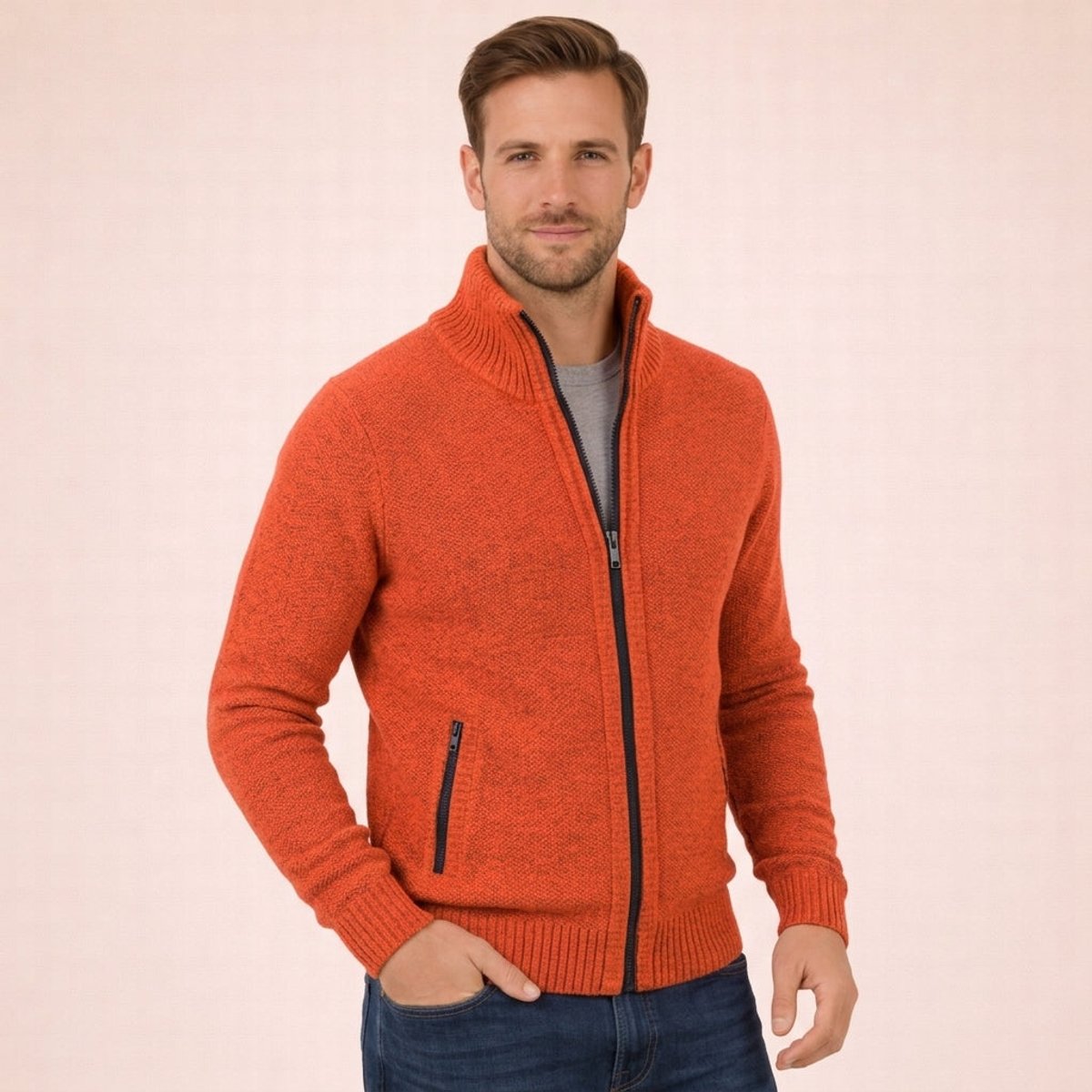 Men's Merino Wool Full-Zip Jumper – Mock Neck Knitwear