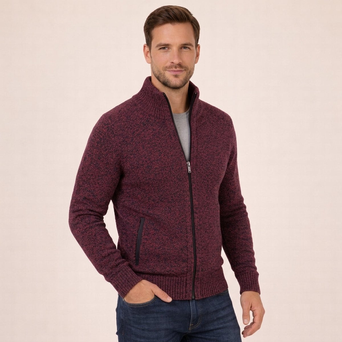Men's Merino Wool Full-Zip Jumper – Mock Neck Knitwear