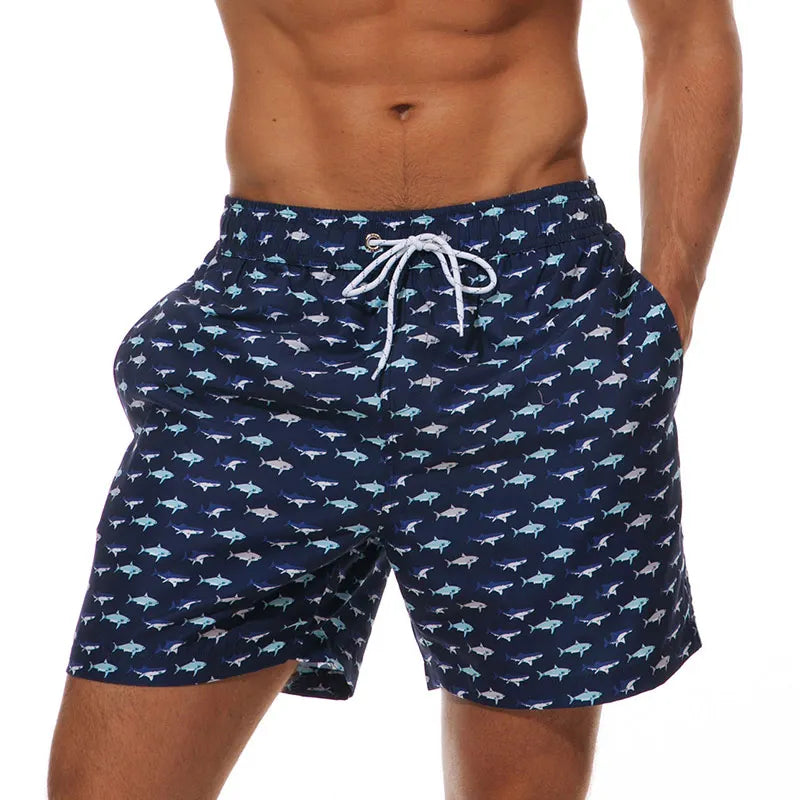 Men's Printed Swim Shorts with Pockets and Drawstring Waist