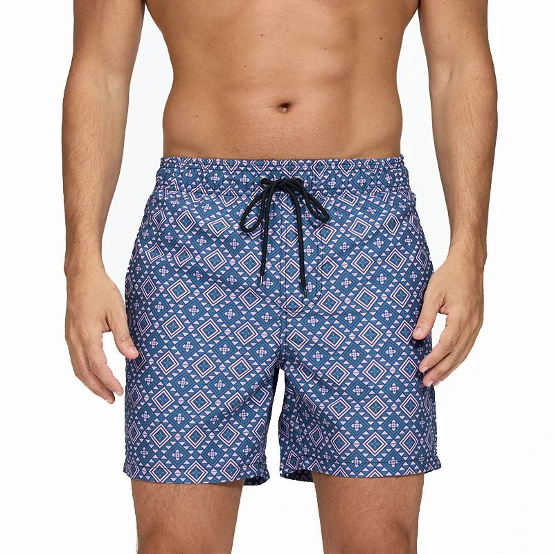 Men's Printed Swim Shorts with Pockets and Drawstring Waist