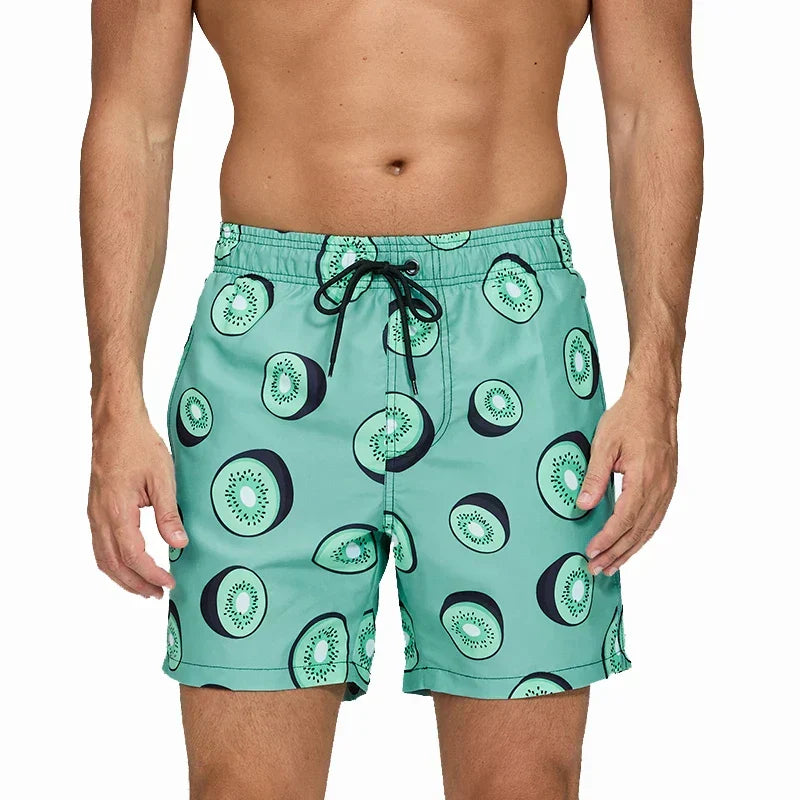 Men's Printed Swim Shorts with Pockets and Drawstring Waist