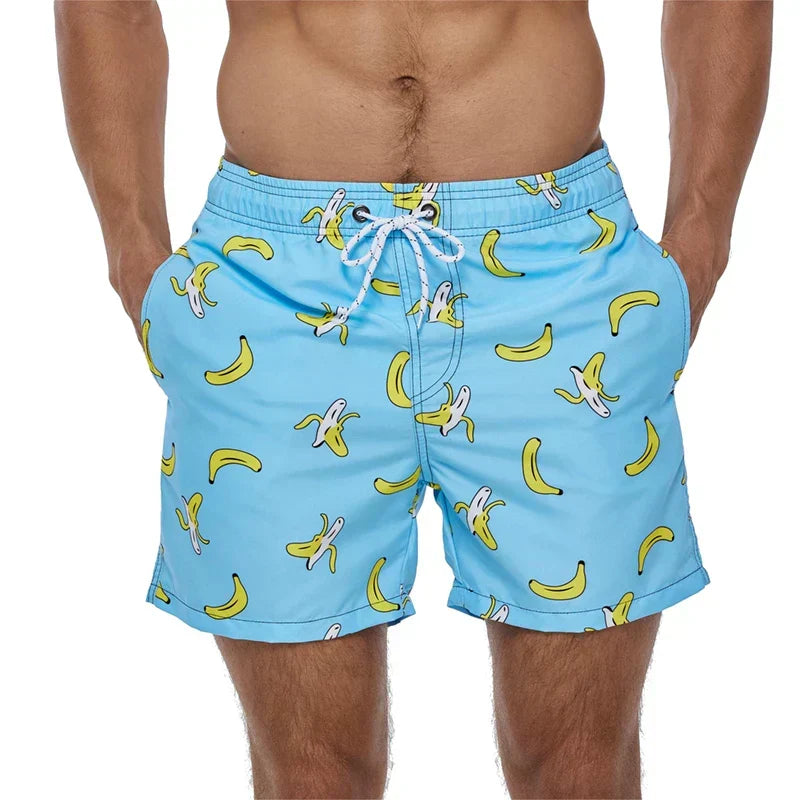 Men's Printed Swim Shorts with Pockets and Drawstring Waist