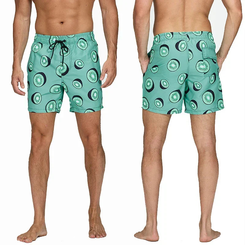 Men's Printed Swim Shorts with Pockets and Drawstring Waist