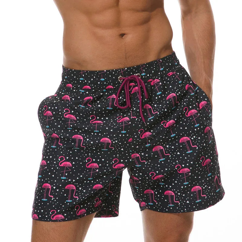 Men's Printed Swim Shorts with Pockets and Drawstring Waist