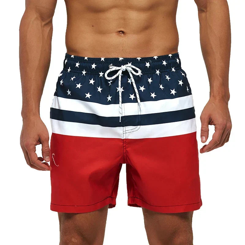 Men's Printed Swim Shorts with Pockets and Drawstring Waist