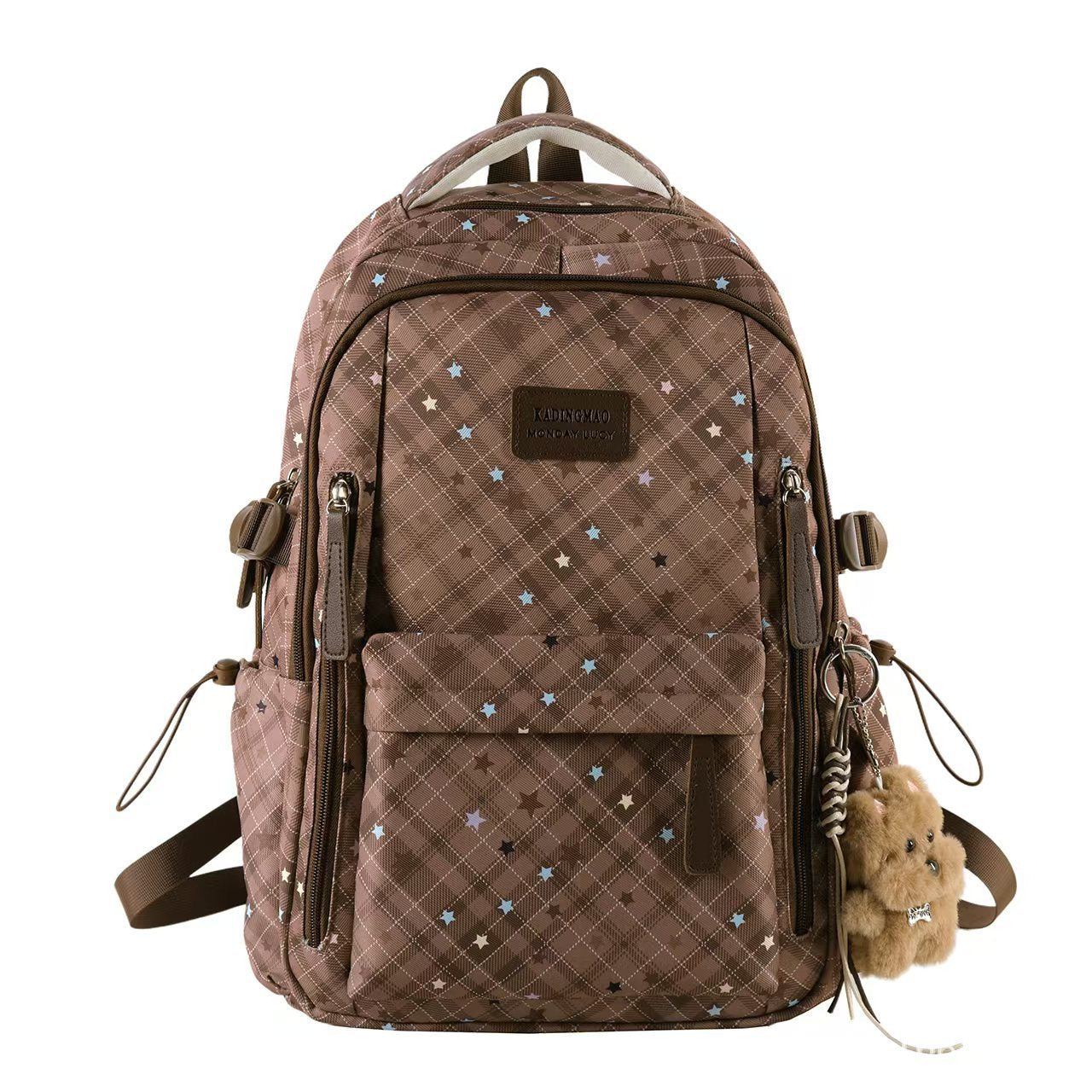 Star-Print Backpack with Multiple Compartments and Keychain