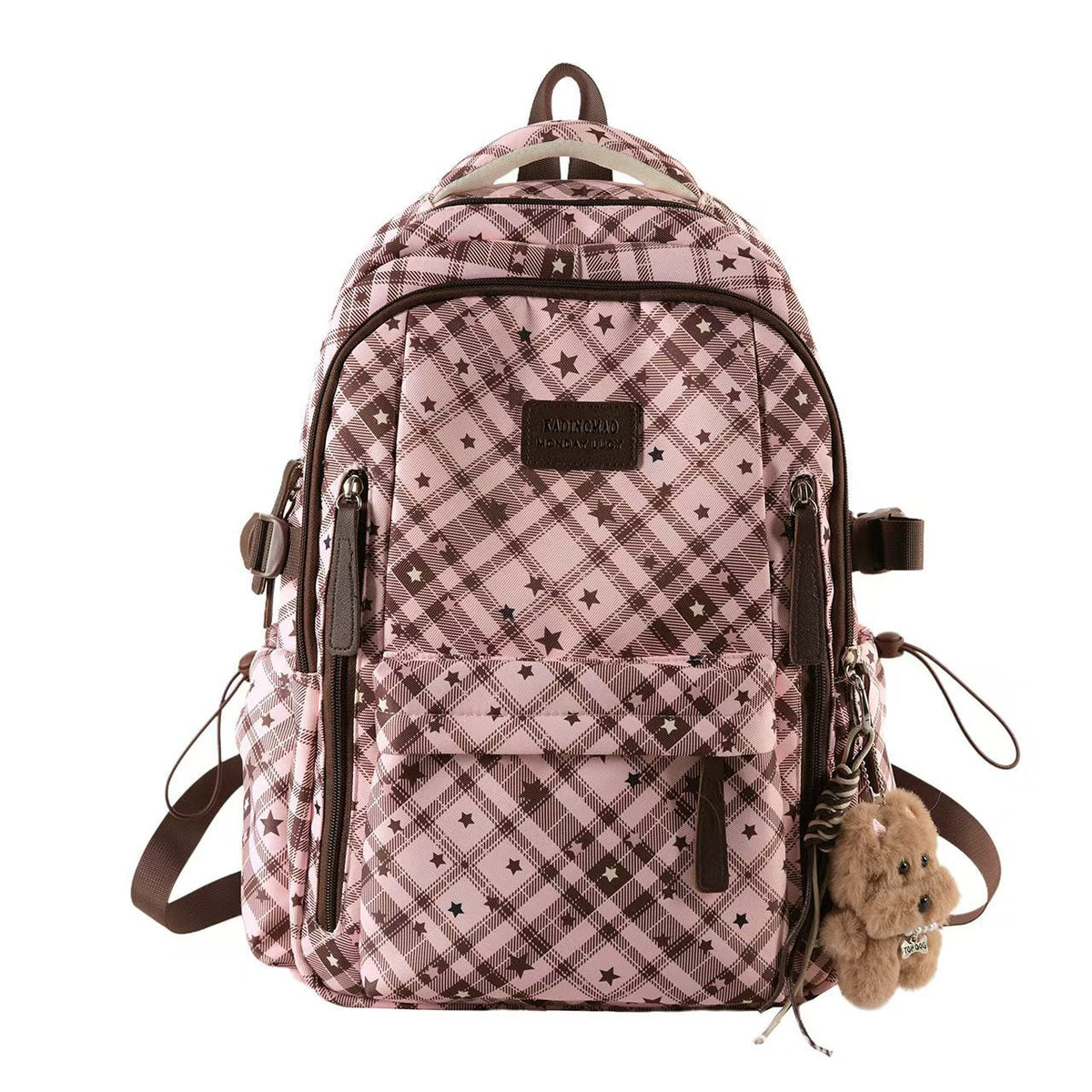 Star-Print Backpack with Multiple Compartments and Keychain