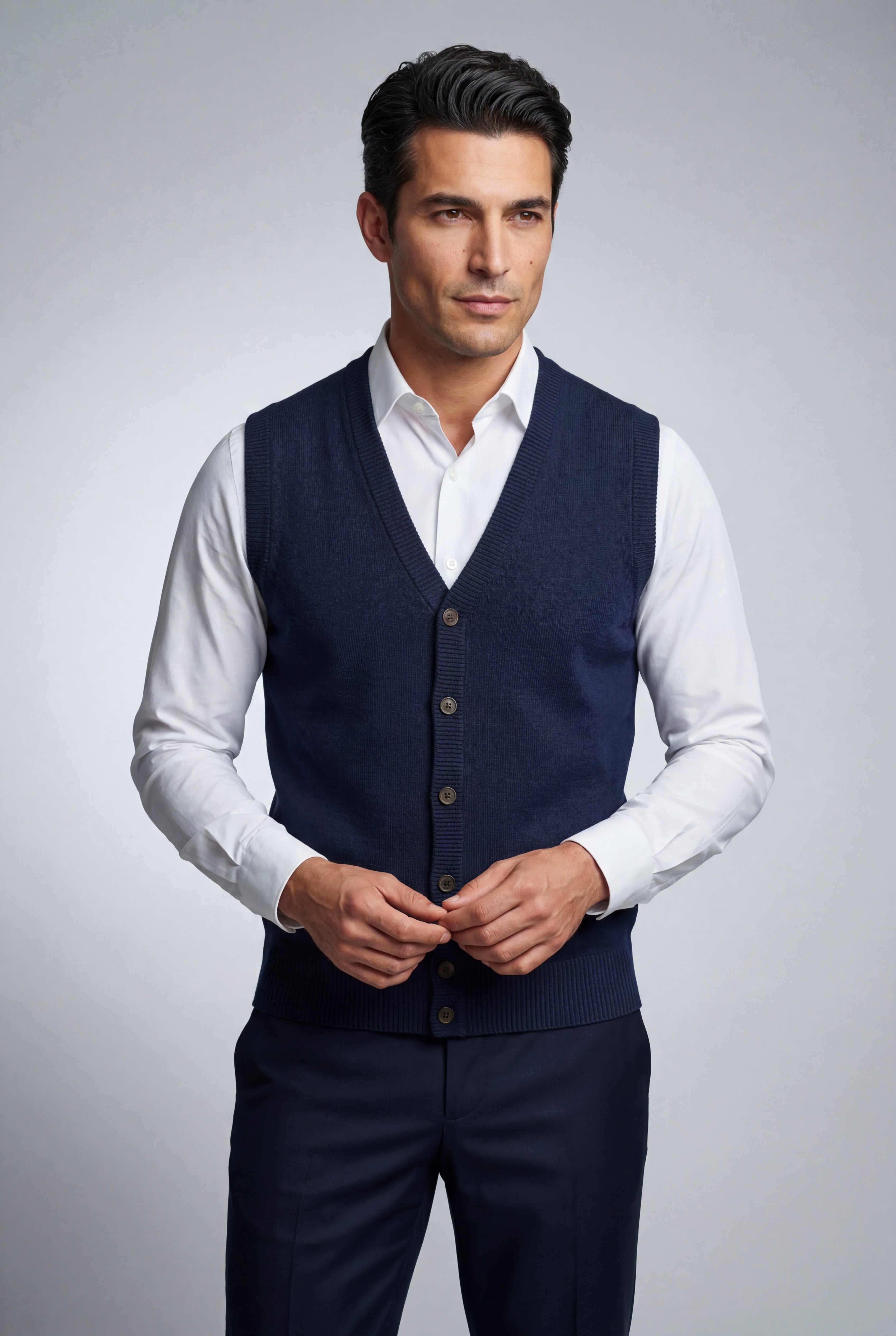 Navy Blue Button-front V-neck Sleeveless Sweater Vest - Photo 9