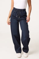 Women's Barrel Leg Jeans with Stitch Detail - Indigo Denim