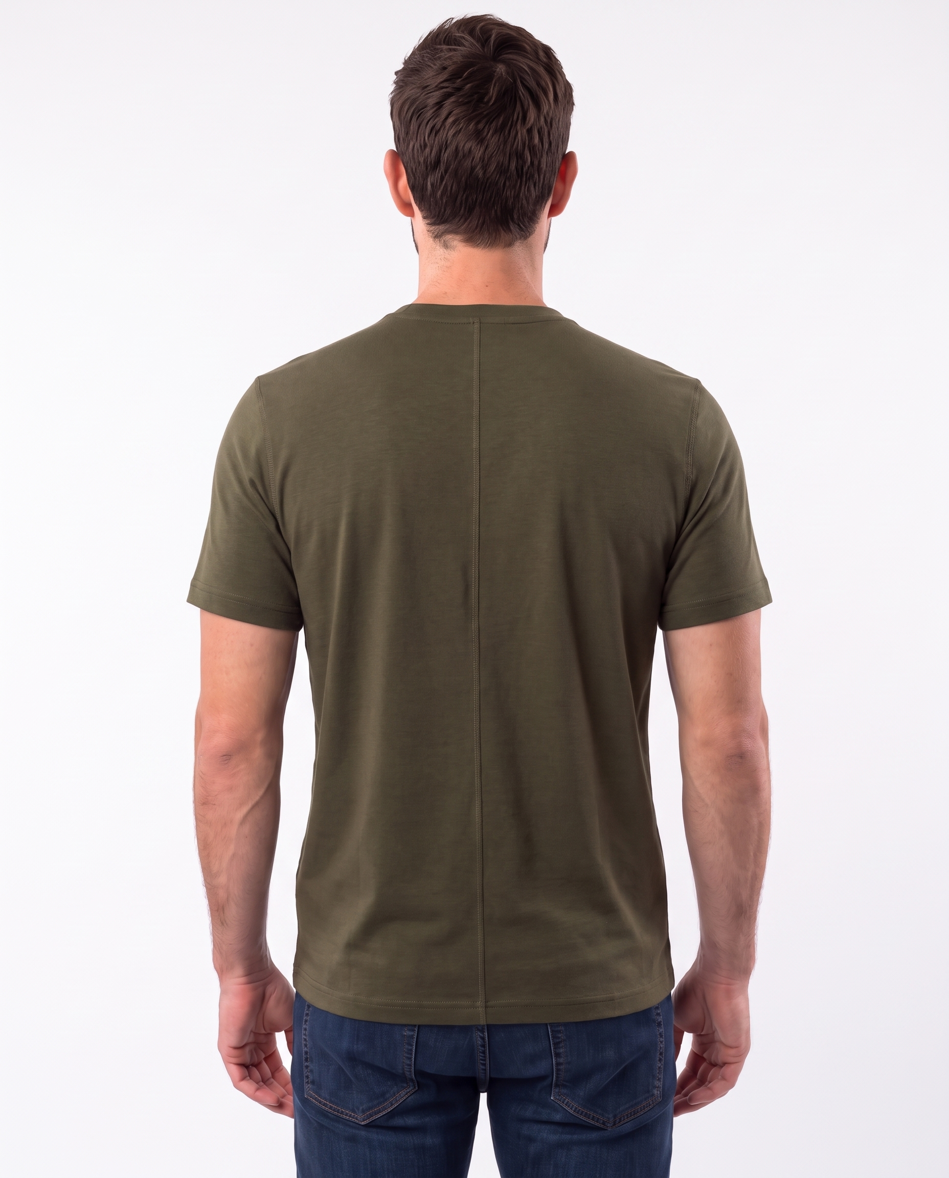 Olive green kangaroo pocket babywearing t-shirt, back view
