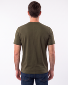 Olive green kangaroo pocket babywearing t-shirt, back view