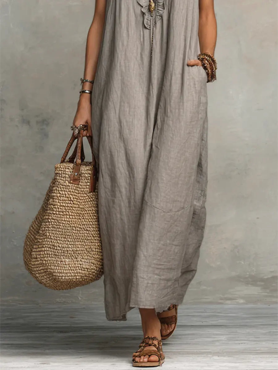 Women's Maxi Dress - Flowing Linen-Cotton Blend with Ruffle Detail