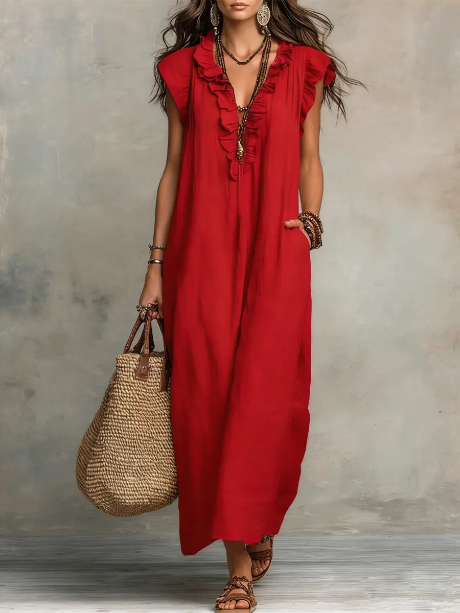 Women's Maxi Dress - Flowing Linen-Cotton Blend with Ruffle Detail