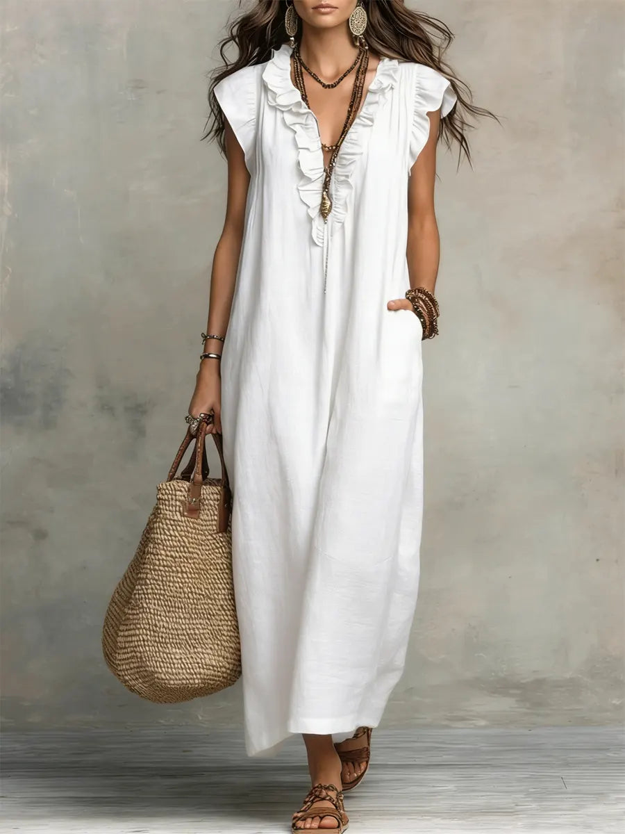 Women's Maxi Dress - Flowing Linen-Cotton Blend with Ruffle Detail