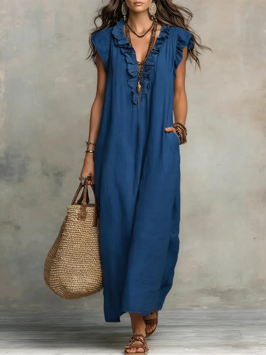 Women's Maxi Dress - Flowing Linen-Cotton Blend with Ruffle Detail