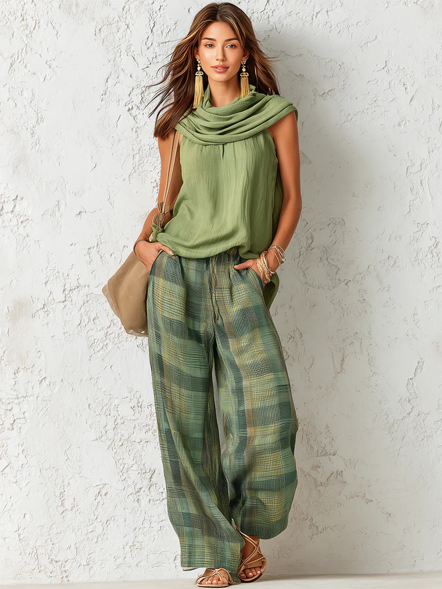 Women's Co-Ord Set - Flowy Blouse & Wide Leg Trousers in Green
