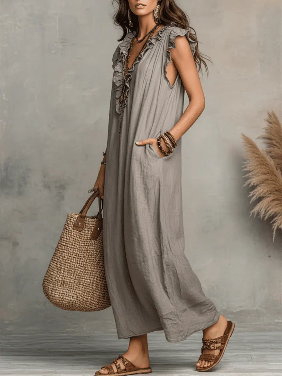 Women's Maxi Dress - Flowing Linen-Cotton Blend with Ruffle Detail